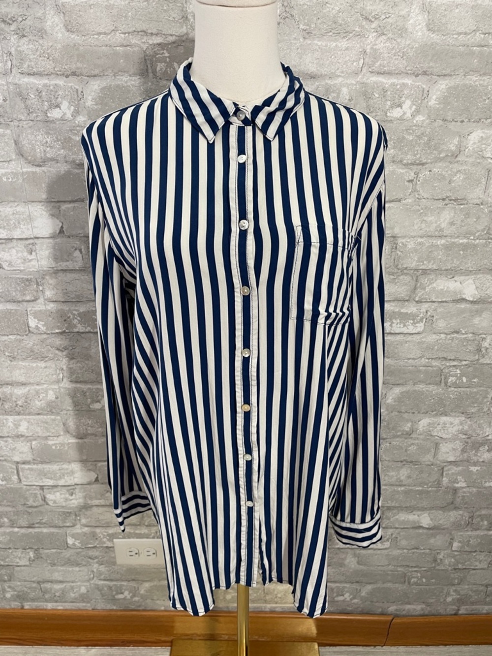 Jane and Delancey Navy and White Vertical Stripe Button-Down Shirt